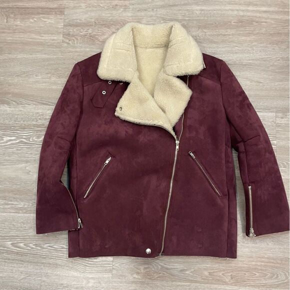 Zig Zag Faux Shearling Bomber Jacket Short Biker Zipper Jacket Leather Aviator - Picture 2 of 9